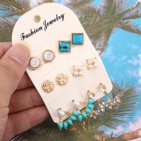 Tibetan Style Stud Earring Set, Stud Earring, with turquoise & Plastic Pearl, stainless steel post pin, plated, 6 pieces & for woman & with rhinestone, golden, nickel, lead & cadmium free, Sold By Set