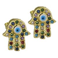 Brass Stud Earring, Evil Eye Hamsa, real gold plated, micro pave cubic zirconia & for woman, nickel, lead & cadmium free, 9.50x11mm, Sold By Pair