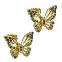 Goujon Laiton, papillon, Plaqué d'or, pavé de micro zircon & pour femme, protéger l'environnement, sans nickel, plomb et cadmium, 14x11mm, Vendu par paire