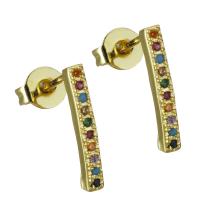 Brass Stud Earring, real gold plated, micro pave cubic zirconia & for woman, nickel, lead & cadmium free, 2x13mm, Sold By Pair