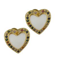 Brass Stud Earring, Heart, real gold plated, micro pave cubic zirconia & for woman & enamel, nickel, lead & cadmium free, 10.50x10mm, Sold By Pair
