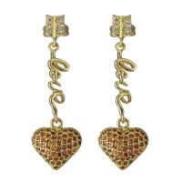 Cubic Zirconia Micro Pave Brass Earring, Heart, real gold plated, micro pave cubic zirconia & for woman, nickel, lead & cadmium free, 12x12.5mm,36mm, Sold By Pair