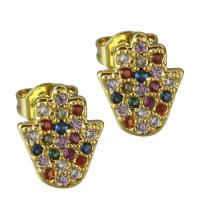 Brass Stud Earring, Hamsa, real gold plated, micro pave cubic zirconia & for woman, nickel, lead & cadmium free, 7.50x9mm, Sold By Pair