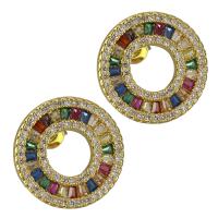 Brass Stud Earring Donut real gold plated micro pave cubic zirconia & for woman nickel lead & cadmium free Sold By Pair
