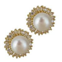 Brass Stud Earring, with Plastic Pearl, real gold plated, micro pave cubic zirconia & for woman, nickel, lead & cadmium free, 14x14mm, Sold By Pair
