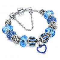alliage de zinc bracelet European, avec cristal, coeur, Placage de couleur argentée, normes différentes pour le choix & pour femme & avec strass, bleu, protéger l'environnement, sans nickel, plomb et cadmium, Vendu par PC