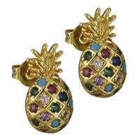 Brass Stud Earring Pineapple real gold plated micro pave cubic zirconia & for woman nickel lead & cadmium free Sold By Pair