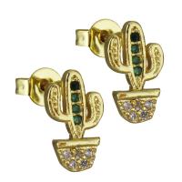 Brass Stud Earring, Opuntia Stricta, real gold plated, micro pave cubic zirconia & for woman, nickel, lead & cadmium free, 7x11.50mm, Sold By Pair