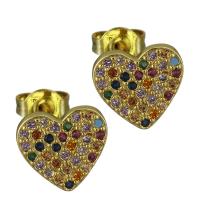 Brass Stud Earring Heart real gold plated micro pave cubic zirconia & for woman nickel lead & cadmium free Sold By Pair