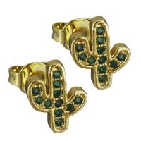 Brass Stud Earring, Opuntia Stricta, real gold plated, micro pave cubic zirconia & for woman, nickel, lead & cadmium free, 8x9.50mm, Sold By Pair