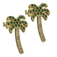 Brass Stud Earring Palm Tree real gold plated micro pave cubic zirconia & for woman nickel lead & cadmium free Sold By Pair
