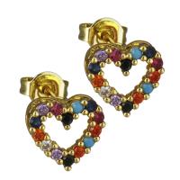 Brass Stud Earring, Heart, real gold plated, micro pave cubic zirconia & for woman, nickel, lead & cadmium free, 9x8.50mm, Sold By Pair