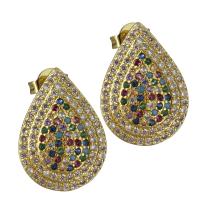 Brass Stud Earring Teardrop real gold plated micro pave cubic zirconia & for woman nickel lead & cadmium free Sold By Pair