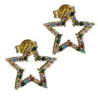 Brass Stud Earring, Star, real gold plated, micro pave cubic zirconia & for woman, nickel, lead & cadmium free, 13x12.50mm, Sold By Pair