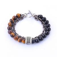 Stainless Steel Jewelry Bracelet, with Gemstone, gun black plated, oval chain & different styles for choice & for man, 10x14mm, 8mm, Length:Approx 7.8-8.2 Inch, 10Strands/Lot, Sold By Lot
