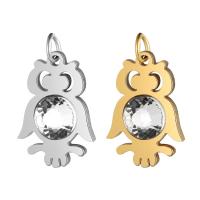 Stainless Steel Animal Pendants, Owl, for woman & with rhinestone, more colors for choice, 13x22mm, Hole:Approx 5mm, 5PCs/Lot, Sold By Lot