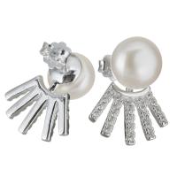 925 Sterling Silver Stud Earrings, with Freshwater Pearl, silver color plated, micro pave cubic zirconia & for woman, 13.50x17mm, Sold By Pair