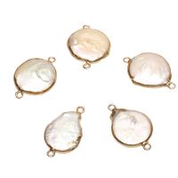 Freshwater Pearl Connector, with Brass, Flat Round, gold color plated, 1/1 loop, white, 23x16x6mm-27x18x6mm, Hole:Approx 1.8mm, 10PCs/Bag, Sold By Bag