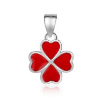 925 Sterling Silver Pendant, Brass, Four Leaf Clover, silver color plated, enamel, red, 10x15mm, 2PCs/Lot, Sold By Lot