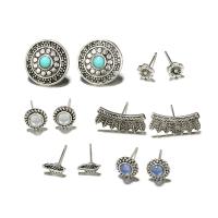 Tibetan Style Stud Earring Set, Stud Earring, with turquoise, stainless steel post pin, plated, 6 pieces & for woman & with rhinestone, silver color, nickel, lead & cadmium free, Sold By Set