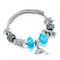 Stainless Steel European Bracelet with Crystal & Zinc Alloy Dolphin silver color plated Adjustable & for woman & with rhinestone blue nickel lead & cadmium free 600mm Sold By PC