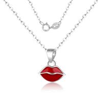 925 Sterling Silver Necklaces, Brass, Lip, silver color plated, oval chain & for woman & enamel, red, 10x12mm, Sold Per Approx 15.75 Inch Strand