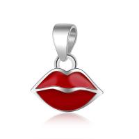 925 Sterling Silver Pendant, Brass, Lip, silver color plated, enamel, red, 10x12mm, 2PCs/Lot, Sold By Lot