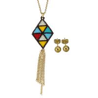 Fashion Stainless Steel Jewelry Sets, Stud Earring & necklace, with Seedbead, gold color plated, oval chain & for woman, 25x41mm,2mm,6mm, Length:Approx 19 Inch, Sold By Set