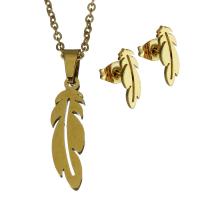 Fashion Stainless Steel Jewelry Sets, Stud Earring & necklace, Feather, gold color plated, oval chain & for woman, 6.5x22mm,1.5mm,4x12.5mm, Length:Approx 17.5 Inch, 6Sets/Lot, Sold By Lot