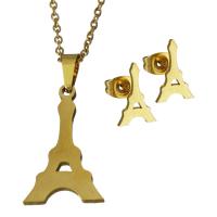 Fashion Stainless Steel Jewelry Sets, Stud Earring & necklace, Eiffel Tower, gold color plated, oval chain & for woman, 13.5x22mm,1.5mm,8x12mm, Length:Approx 17.5 Inch, 6Sets/Lot, Sold By Lot