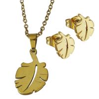 Fashion Stainless Steel Jewelry Sets Stud Earring & necklace Leaf gold color plated oval chain & for woman 1.5mm Length Approx 17.5 Inch Sold By Lot
