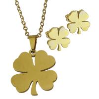 Fashion Stainless Steel Jewelry Sets, Stud Earring & necklace, Four Leaf Clover, gold color plated, oval chain & for woman, 17.5x19mm,1.5mm,8.5x9.5mm, Length:Approx 18 Inch, 6Sets/Lot, Sold By Lot