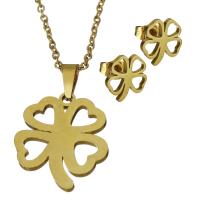 Fashion Stainless Steel Jewelry Sets, Stud Earring & necklace, Four Leaf Clover, gold color plated, oval chain & for woman, 16.5x20mm,1.5mm,10x11.5mm, Length:Approx 18 Inch, 6Sets/Lot, Sold By Lot