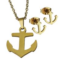Fashion Stainless Steel Jewelry Sets, Stud Earring & necklace, Anchor, gold color plated, oval chain & for woman, 17.5x19mm,1.5mm,8.5x9mm, Length:Approx 17.5 Inch, 6Sets/Lot, Sold By Lot