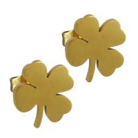 Stainless Steel Stud Earrings, Four Leaf Clover, gold color plated, fashion jewelry & for woman, 9x10mm, 12Pairs/Lot, Sold By Lot