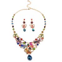 Tibetan Style Jewelry Sets, earring & necklace, with 7cm extender chain, gold color plated, for woman & with rhinestone, multi-colored, nickel, lead & cadmium free, 25x65mm,80mm, Length:Approx 19.69 Inch, Sold By Set
