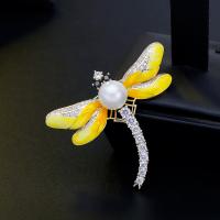 Brass Brooch with Cubic Zirconia & Plastic Pearl Dragonfly plated for woman & enamel nickel lead & cadmium free 47*42mm Sold By PC