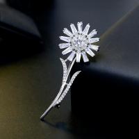 Brass Brooch, with Cubic Zirconia, Flower, plated, for woman, silver color, nickel, lead & cadmium free, 61*20mm, Sold By PC