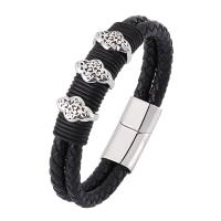 Stainless Steel Jewelry Bracelet, with PU Leather, Double Layer & fashion jewelry & Unisex & different size for choice, black, 12mm6mmx2, Sold By PC