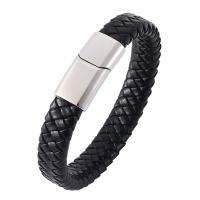 Stainless Steel Jewelry Bracelet, with Leather, fashion jewelry & Unisex & different size for choice, black, Sold By PC