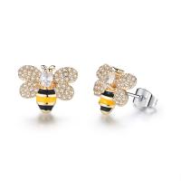Brass Stud Earring Bee gold color plated micro pave cubic zirconia & for woman & enamel nickel lead & cadmium free Sold By Pair