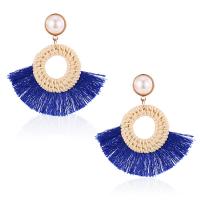 Tibetan Style Tassel Earring, with Cotton Thread & Rattan & Plastic Pearl, plated, for woman, more colors for choice, nickel, lead & cadmium free, Sold By Pair