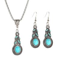 Tibetan Style Jewelry Sets, earring & necklace, with Turquoise, with 7cm extender chain, antique silver color plated, lantern chain & for woman & with rhinestone, nickel, lead & cadmium free, 50mm,55mm, Length:Approx 26.38 Inch, Sold By Set