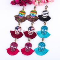 Tibetan Style Tassel Earring, with Cotton Thread & Plastic, Skull, for woman & with rhinestone, more colors for choice, nickel, lead & cadmium free, 92mm, Sold By Pair