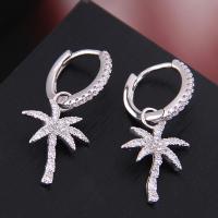 Brass Huggie Hoop Drop Earring Palm Tree plated micro pave cubic zirconia & for woman silver color nickel lead & cadmium free 28*12mm Sold By Pair