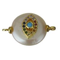 Brass Jewelry Connector, with Freshwater Pearl, gold color plated, micro pave cubic zirconia & 1/1 loop, nickel, lead & cadmium free, 21x14x5.50mm, Hole:Approx 1.5mm, 5PCs/Lot, Sold By Lot