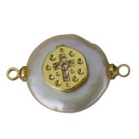Mässing smycken Connector, med Freshwater Pearl, guldfärg pläterade, micro bana cubic zirconia & 1/1 slinga, nickel, bly och kadmium gratis, 22x14x7.50mm, Hål:Ca 1.5mm, 5PC/Lot, Säljs av Lot
