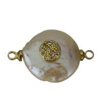 Mässing smycken Connector, med Freshwater Pearl, guldfärg pläterade, micro bana cubic zirconia & 1/1 slinga, nickel, bly och kadmium gratis, 21x13.50x6.50mm, Hål:Ca 1.5mm, 5PC/Lot, Säljs av Lot