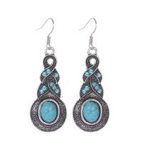 Tibetan Style Drop Earrings, with turquoise, plated, for woman & with rhinestone, nickel, lead & cadmium free, 56*17mm, Sold By Pair