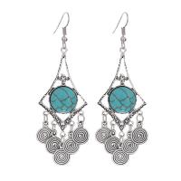 Tibetan Style Drop Earrings, with turquoise, plated, for woman, silver color, nickel, lead & cadmium free, 80*28mm, Sold By Pair